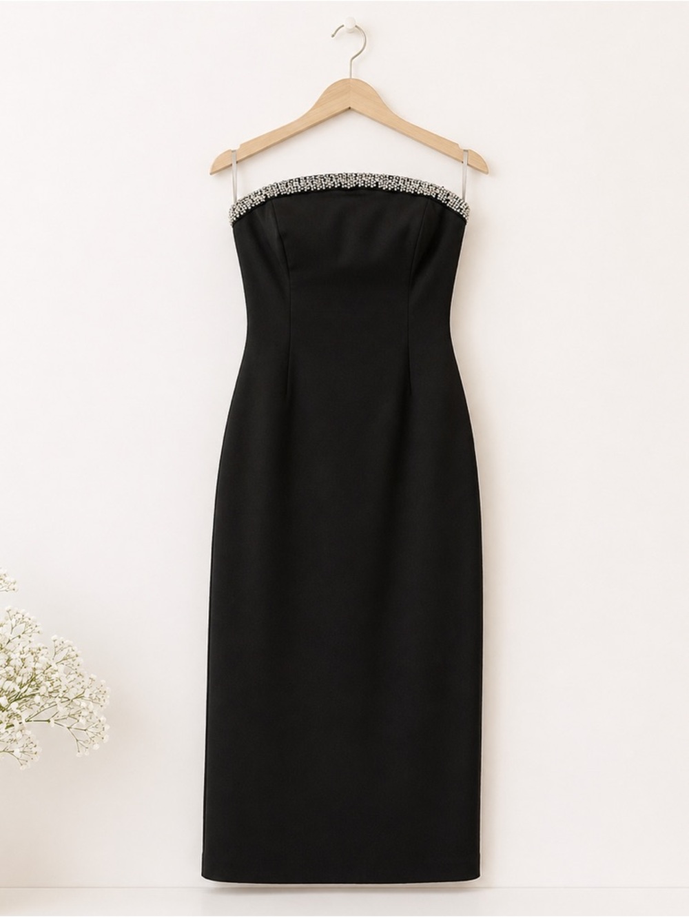 Mac Duggal Black Strapless Midi Dress with Embellished Trim